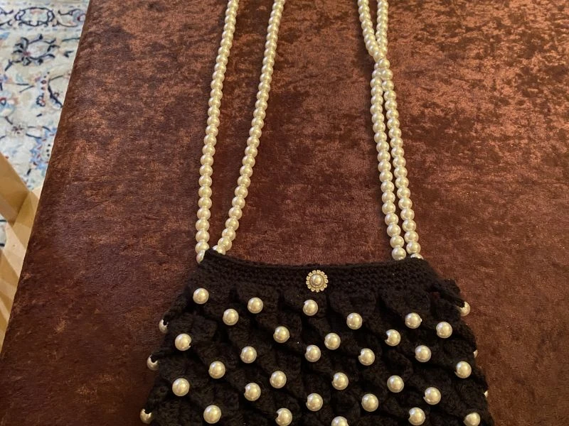 Crochet handmade hat and bag with pearls 