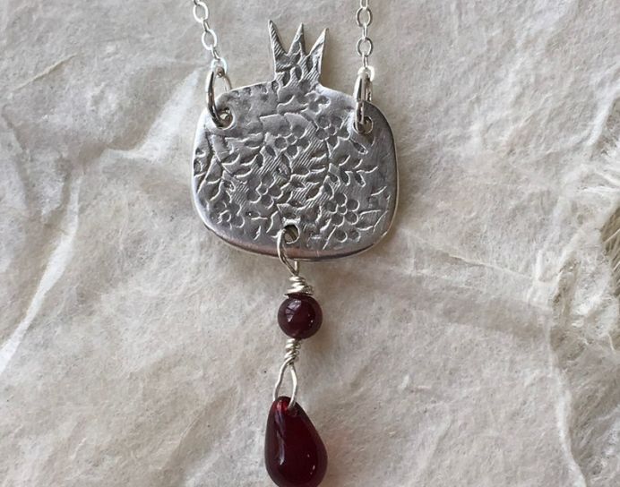 Fine Silver Imprinted Pomegranate Necklace with Single Drop Bead