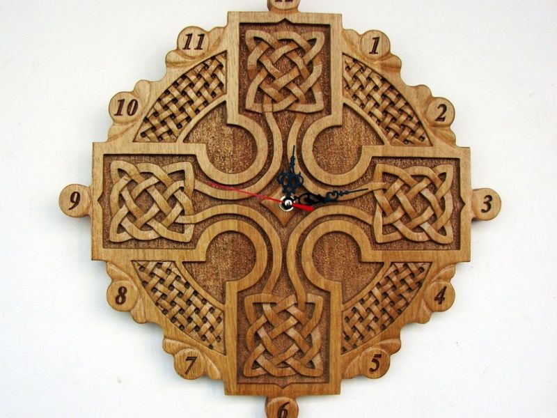 Hand Carved Wall Wooden Clock with Cross