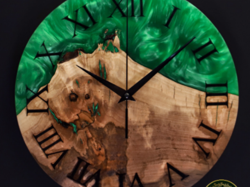 WWA Armenian Black Walnut Wood Wall Clock with Forest Green Epoxy