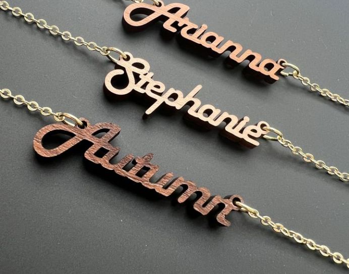 Wood Name Necklace Customized with Name or Word - Personalized Name Necklace, Name Necklace for Women Girls Christmas Gift, 14 Gold Chain