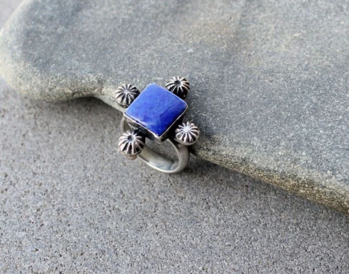 Sterling Silver Oxidized Ring with Square Blue Lapis Lazuli