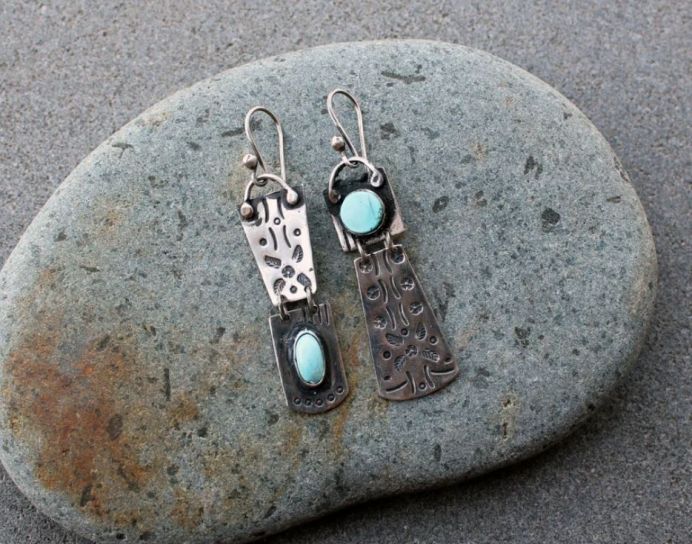 Sterling Silver Asymmetrical Earrings with Blue Armenian Turquoise