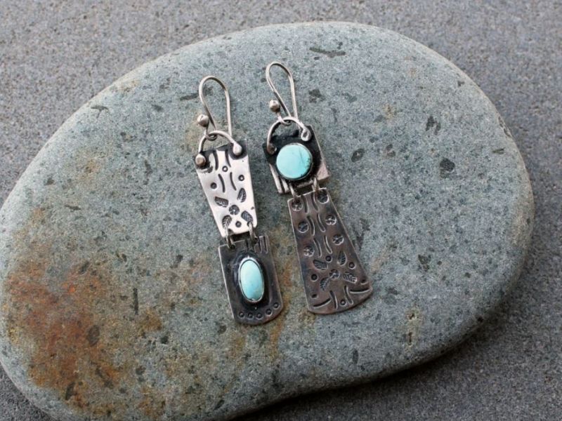 Sterling Silver Asymmetrical Earrings with Blue Armenian Turquoise