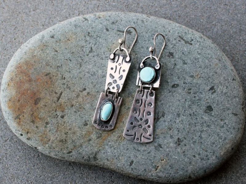 Sterling Silver Asymmetrical Earrings with Blue Armenian Turquoise