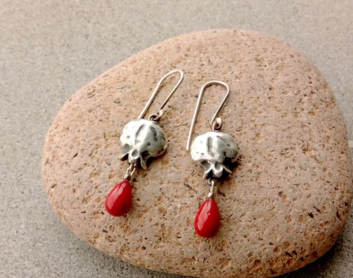 Sterling Silver Earrings with Pomegranates and Mayorica Red Pearl, Artisan, Metalsmith, Armenian, Autumn, Etnic, Rustic, Gift for Mom, Boho