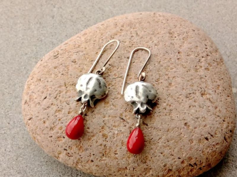 Sterling Silver Earrings with Pomegranates and Mayorica Red Pearl, Artisan, Metalsmith, Armenian, Autumn, Etnic, Rustic, Gift for Mom, Boho