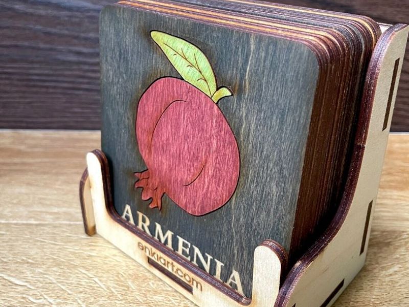 Coaster Armenia Pomegranate Design Square Wood 9.5cm x 9.5cm