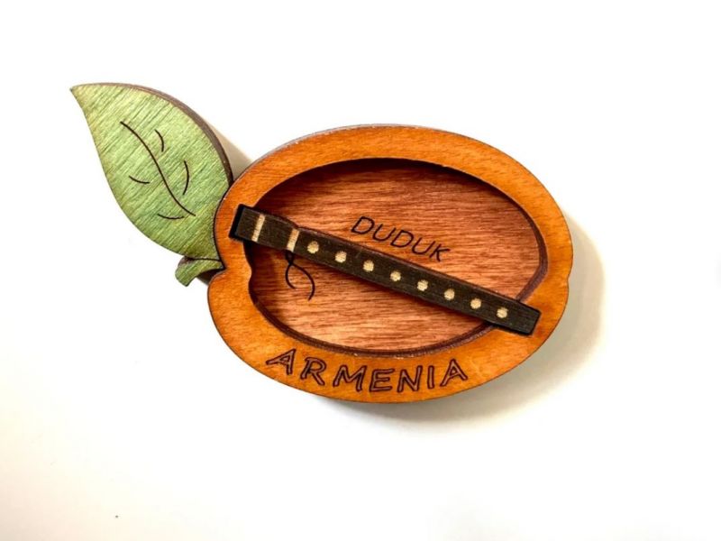 Magnet Armenian Apricot and Duduk Motif Wood 8cm x 4cm