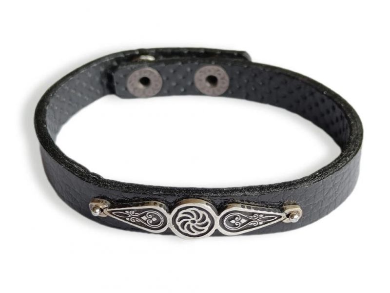 Bracelet 925 Stering Silver Eternity Symbol on Leather Band with Adjustable Snap Closure