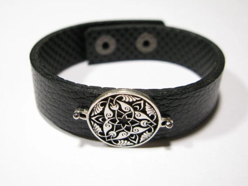 925 Sterling Silver Armenian Ornamental Art Charm Bracelet Symbolising Connection and Strength - Leather Band with Adjustable Snap Closure