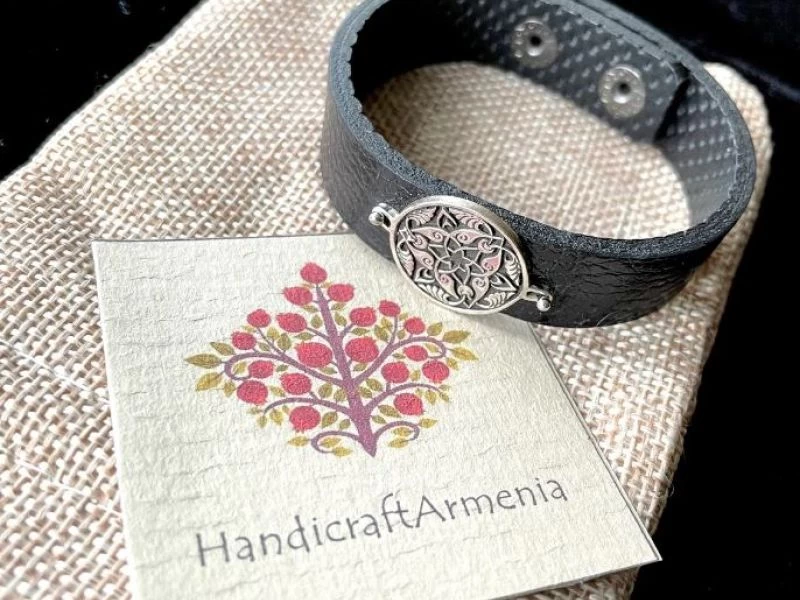925 Sterling Silver Armenian Ornamental Art Charm Bracelet Symbolising Connection and Strength - Leather Band with Adjustable Snap Closure