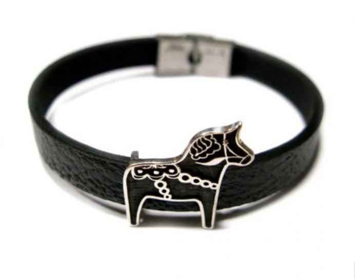 Bracelet 925 Sterling Silver Swedish Dala Horse Charm on Leather Style Band with Hinged Clip Closure, Dalan Hest