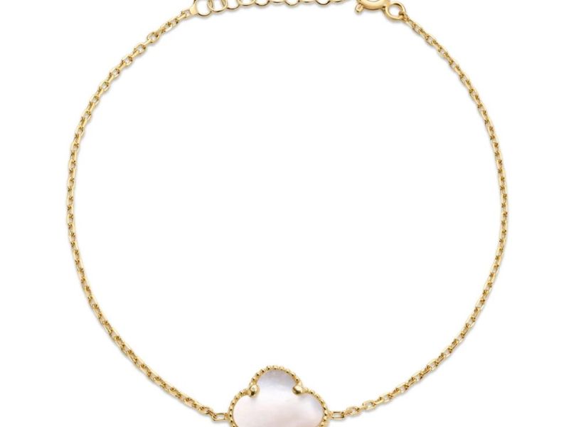 Clover Pearl Charm Bracelet, 14Kt Gold Plated, Sterling Silver, White Pearl, Clover Pendant, Women's Bracelet, Lightweight, Adjustable Chain