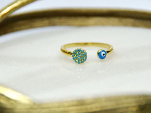 Turquoise Evil Eye Ring, Turquoise CZ, 14Kt Gold Plated, Dainty, Adjustable, Women's Lightweight Ring, Minimalist Jewelry, One Size Fits All