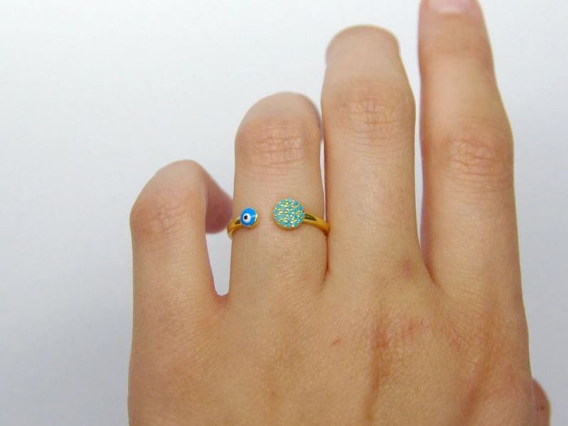 Turquoise Evil Eye Ring, Turquoise CZ, 14Kt Gold Plated, Dainty, Adjustable, Women's Lightweight Ring, Minimalist Jewelry, One Size Fits All