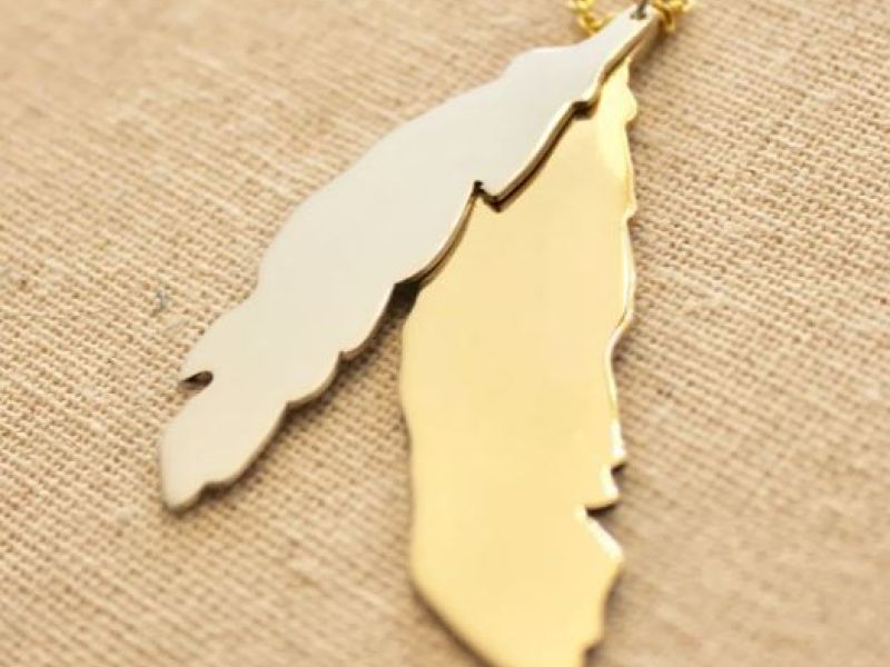 HANDMADE GOLD PLATED BRASS & STERLING SILVER FEATHER PENDANT