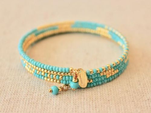 TURQUOISE & GOLD GLASS SEED BEAD BRACELET