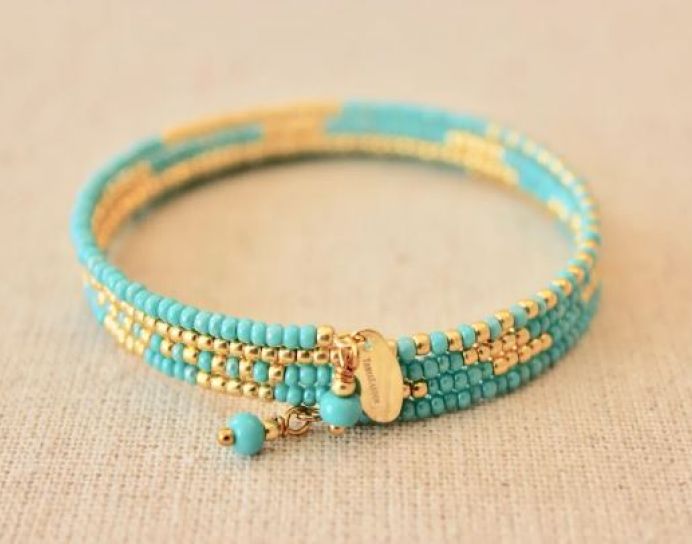 TURQUOISE & GOLD GLASS SEED BEAD BRACELET