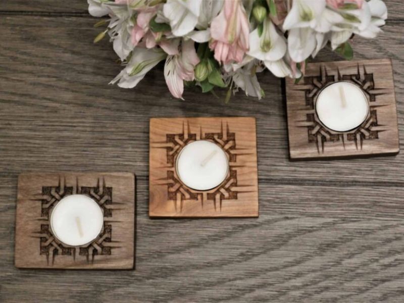 Wooden candle holder with Armenian ornaments