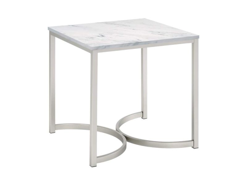 Faux Marble Square End Table White and Satin Nickel