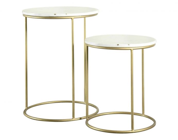 2-piece Round Marble Top Nesting Tables White and Gold