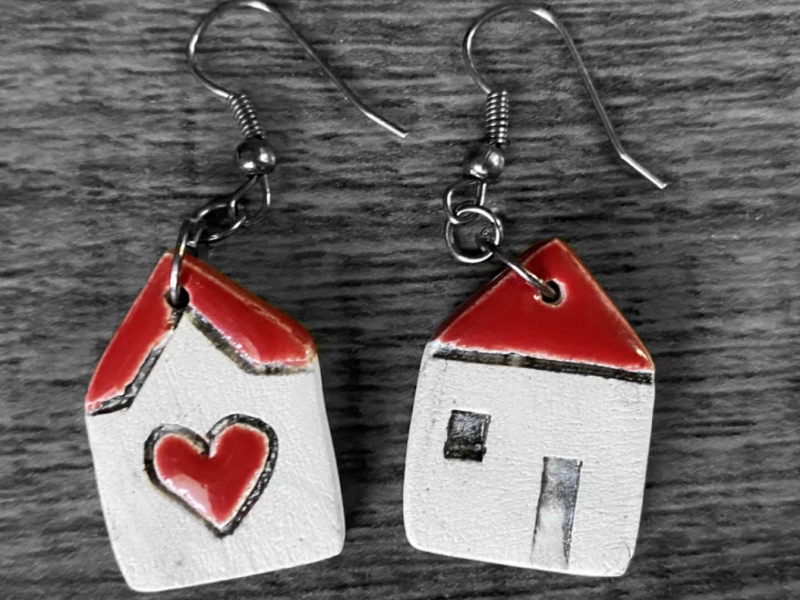 House heart earrings, handmade everyday modern earrings, fashion and unique earrings, ceramic creative earrings Valentine’s day gift