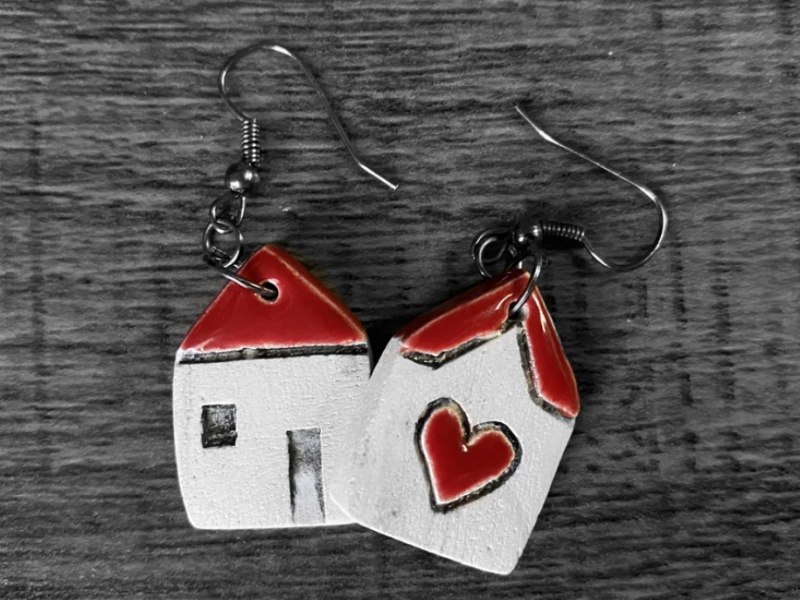 House heart earrings, handmade everyday modern earrings, fashion and unique earrings, ceramic creative earrings Valentine’s day gift