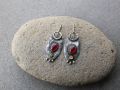 Sterling silver reticulated oxidized earrings with red and yellow corundum gemstone, Armenian, silversmith, whimsy, rustic, artisan, for her