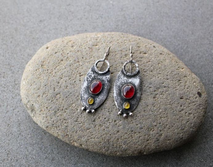 Sterling silver reticulated oxidized earrings with red and yellow corundum gemstone, Armenian, silversmith, whimsy, rustic, artisan, for her
