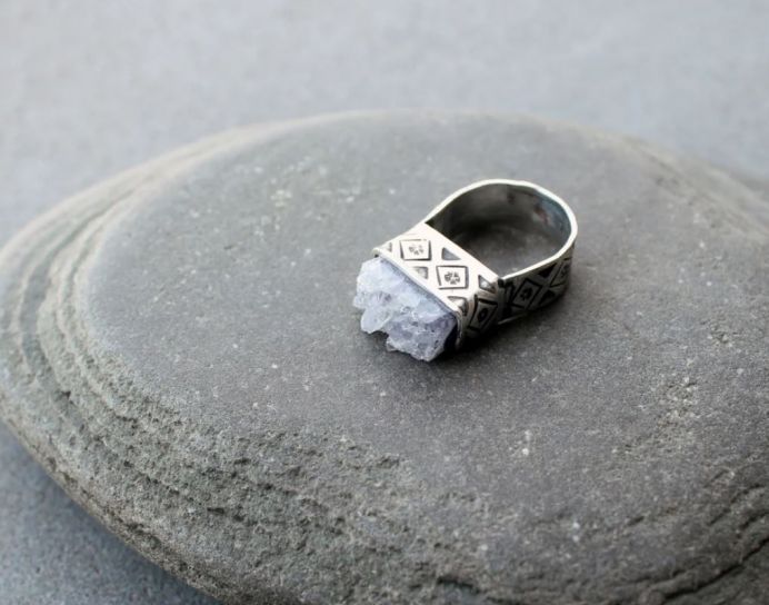 Sterling silver stamped oxidized armenian wide band cocktail ring with grey amethyst druzy, rustic, silversmith, etnic, chunky, contemporary