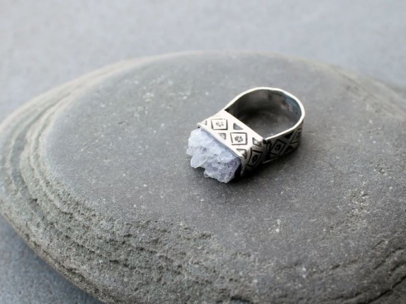 Sterling silver stamped oxidized armenian wide band cocktail ring with grey amethyst druzy, rustic, silversmith, etnic, chunky, contemporary