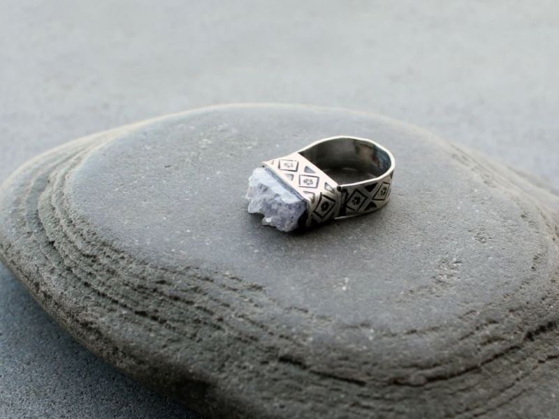 Sterling silver stamped oxidized armenian wide band cocktail ring with grey amethyst druzy, rustic, silversmith, etnic, chunky, contemporary