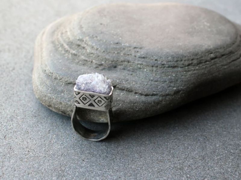 Sterling silver stamped oxidized armenian wide band cocktail ring with grey amethyst druzy, rustic, silversmith, etnic, chunky, contemporary