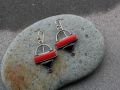 Sterling silver triangle earrings with red pressed coral, black onyx, garnet gemstones, armenian, rustic, silversmith, artisan, gift for her