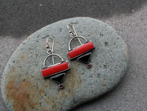 Sterling silver triangle earrings with red pressed coral, black onyx, garnet gemstones, armenian, rustic, silversmith, artisan, gift for her