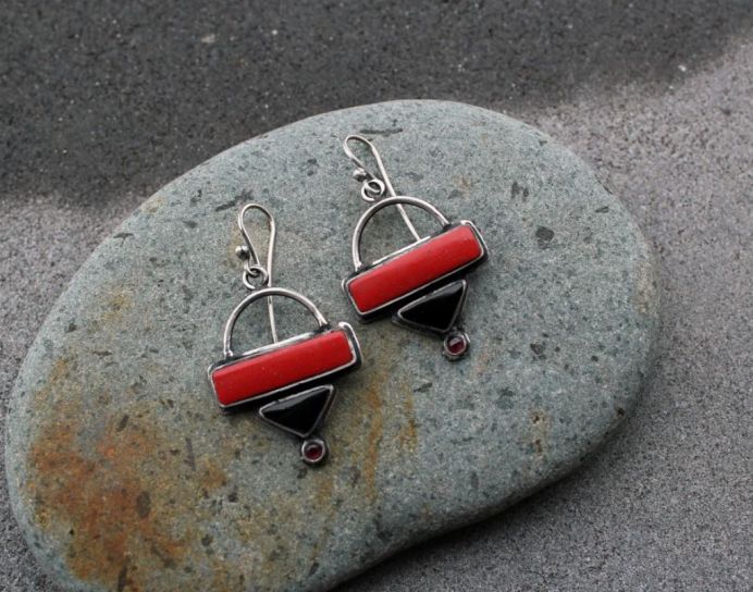 Sterling silver triangle earrings with red pressed coral, black onyx, garnet gemstones, armenian, rustic, silversmith, artisan, gift for her