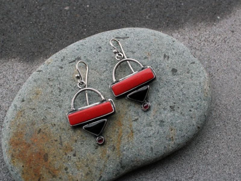 Sterling silver triangle earrings with red pressed coral, black onyx, garnet gemstones, armenian, rustic, silversmith, artisan, gift for her