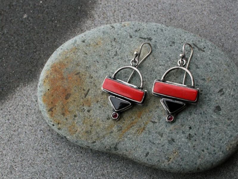 Sterling silver triangle earrings with red pressed coral, black onyx, garnet gemstones, armenian, rustic, silversmith, artisan, gift for her