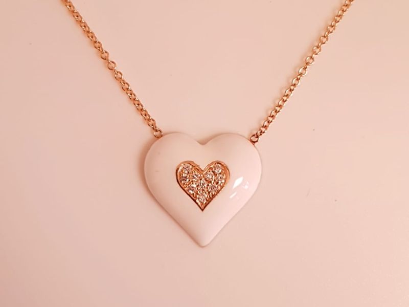 Rose Gold White Enamel Pendant with Diamond