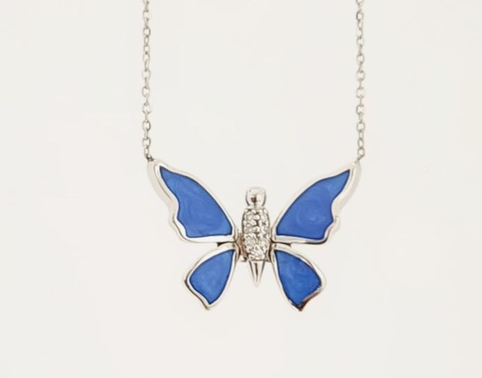 Gold Butterfly Diamond Pendant with Blue Enamel