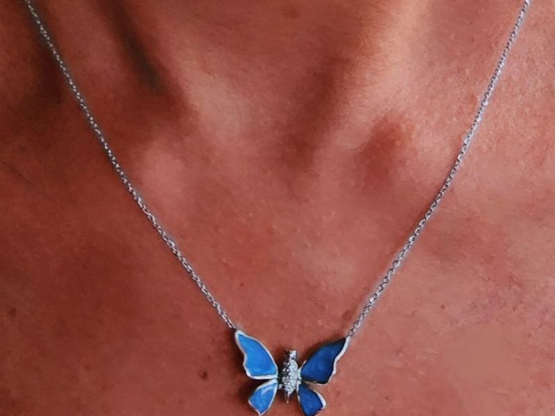 Gold Butterfly Diamond Pendant with Blue Enamel