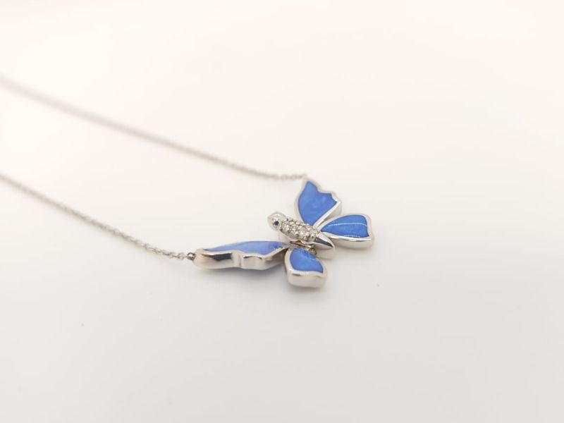 Gold Butterfly Diamond Pendant with Blue Enamel