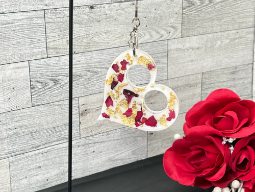 Gold And Rose Pedal Resin Heart Keychain