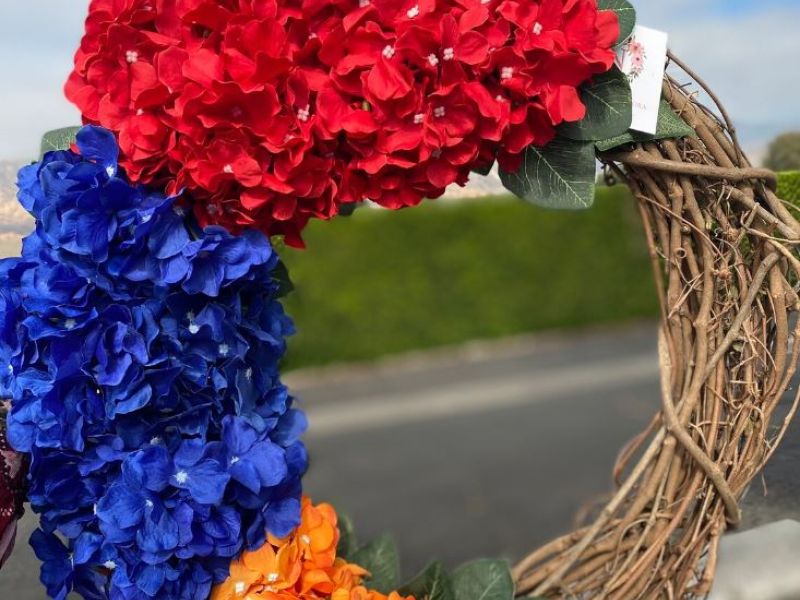 Armenian Flag Colors Door Wreath- 18"- Red, Blue, and Orange Hydrangeas