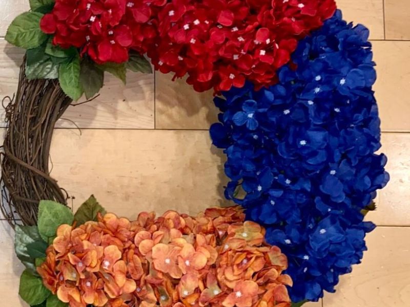 Armenian Flag Colors Door Wreath- 18"- Red, Blue, and Orange Hydrangeas