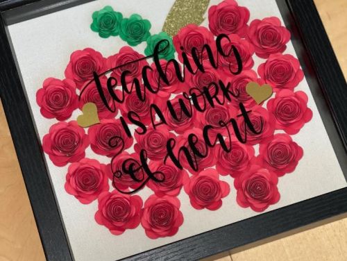 Perfect teacher gifts- Teaching is a work of heart- Apple and heart design- Shadow box flower display case- 3D floral design in shadow box