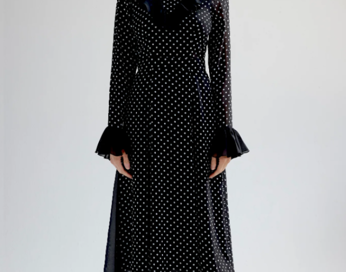 Chiffon Polka-Dot Dress With Ruffles In Black