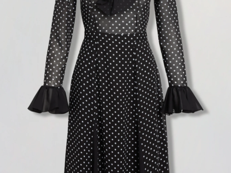 Chiffon Polka-Dot Dress With Ruffles In Black