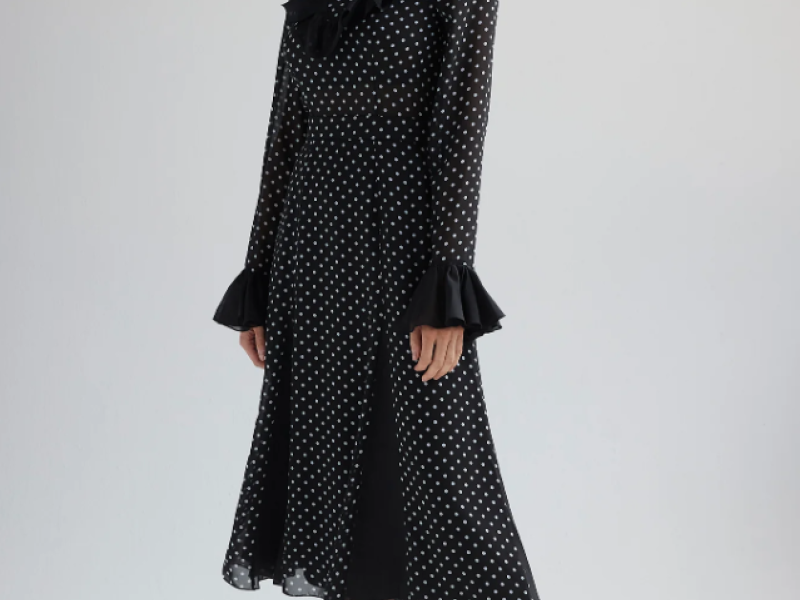 Chiffon Polka-Dot Dress With Ruffles In Black